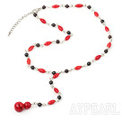 Fashion Rice And Round Shape Red Coral Garnet Pendant Y Shape Necklace With Extendable Chain