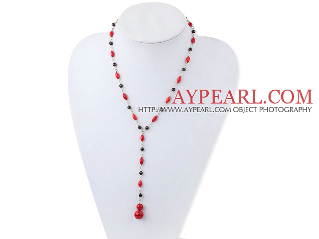 Fashion Rice And Round Shape Red Coral Garnet Pendant Y Shape Necklace With Extendable Chain
