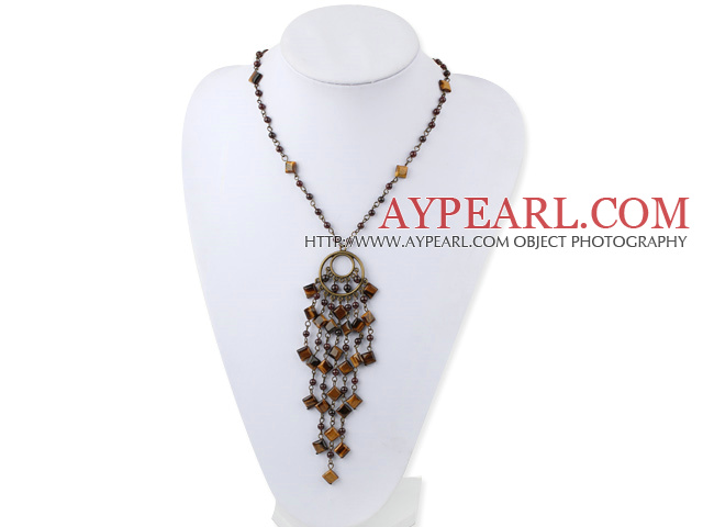 Fashion Loop Chain Style Round Garnet And Square Tiger Eye Stone Pendant Necklace, Y Shape Necklace