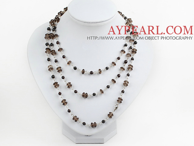 Fashion Long Style Garnet And Smoky Quartz Loop Strand Necklace, Sweater Necklace