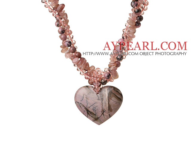 Nice Twisted Strawberry Quartz Rhodonite and Manmade Ctystal with Heart Shape Pendant Necklace