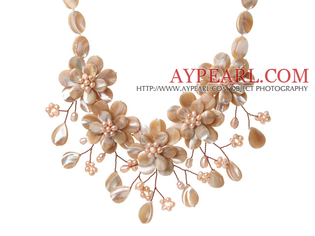 Fashion Beautiful Design Drop Shape Shell and Pink Freshwater Pearl Flower Necklace