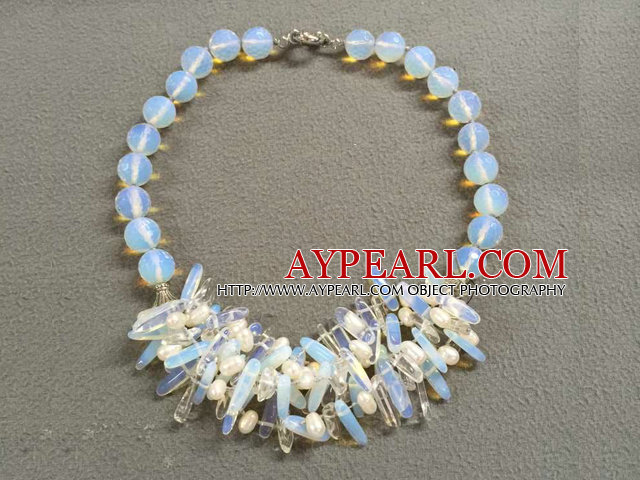 Pretty Fashion Design Natural White Freshwater Pearl Opal Crystal Bib Necklace