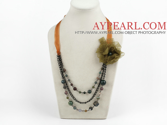Fashion Loop Link Colorful Indian Agate Layer Necklace With Ribbon Flower