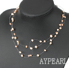 Fashion Multi Strand Natural Pink Freshwater Pearl Threaded Necklace With Lobster Clasp