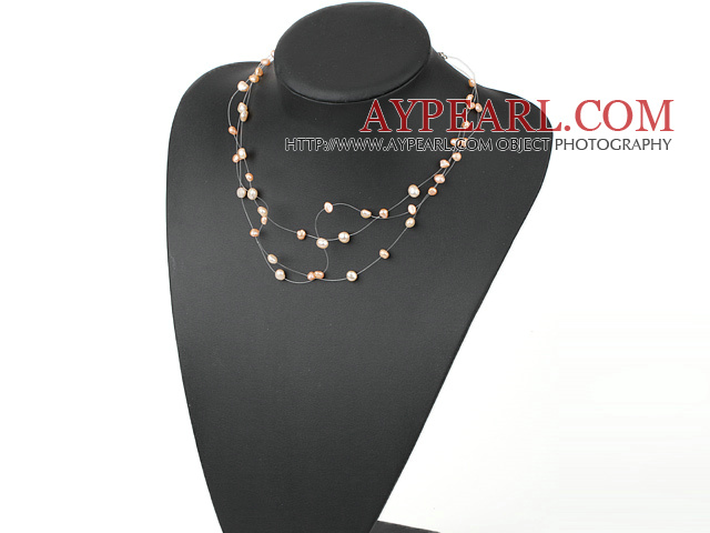 Fashion Multi Strand Natural Pink Freshwater Pearl Threaded Necklace With Lobster Clasp