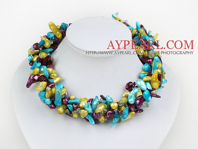 Fashion Multi Strand Pink Yellow And Sky Blue Freshwater Blister Pearl And Crystal Necklace