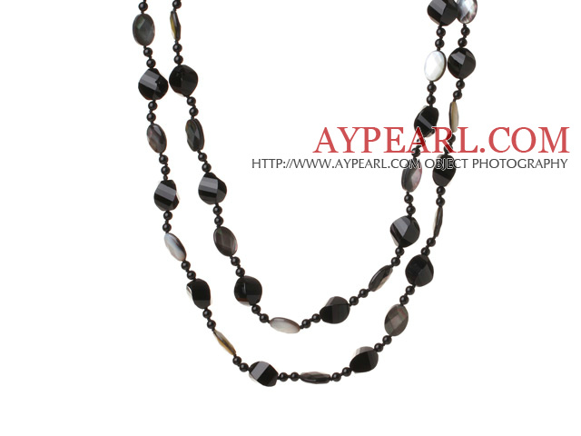 Lont Stil Agate A Grad negru margele si Faceted negru buza coajă colier