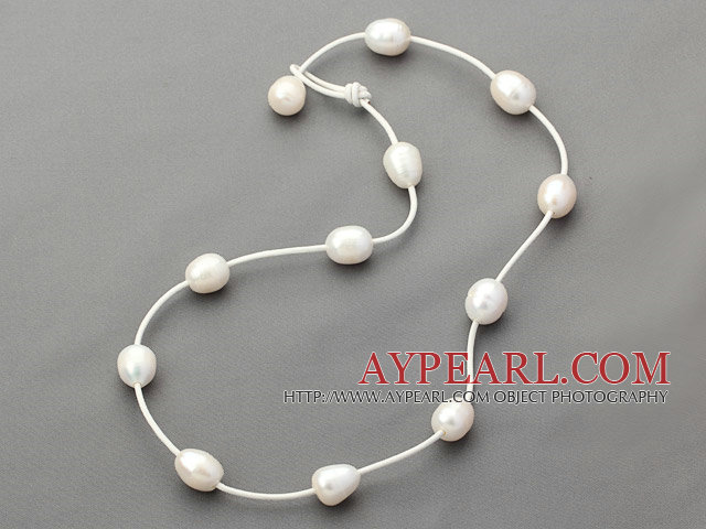 Single Strand 11-12mm White Freshwater Pearl Necklace with White Leather