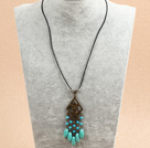 Simple Retro Style Chandelier Shape Green & Blue Turquoise Beads Tassel Pendant Necklace With Black Leather