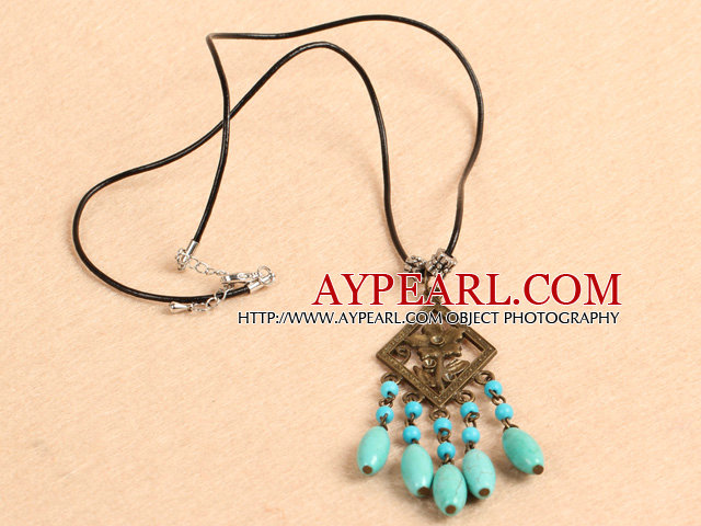 Simple Retro Style Chandelier Shape Green & Blue Turquoise Beads Tassel Pendant Necklace With Black Leather