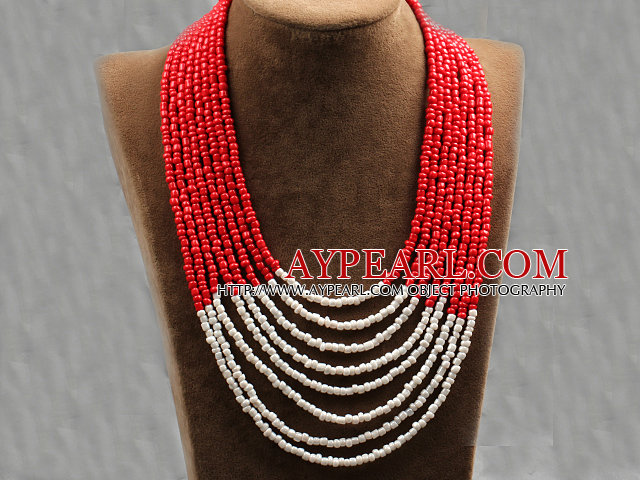 Multi Strands Multi Layered 4-5mm Red and White Glass Seed Halskette