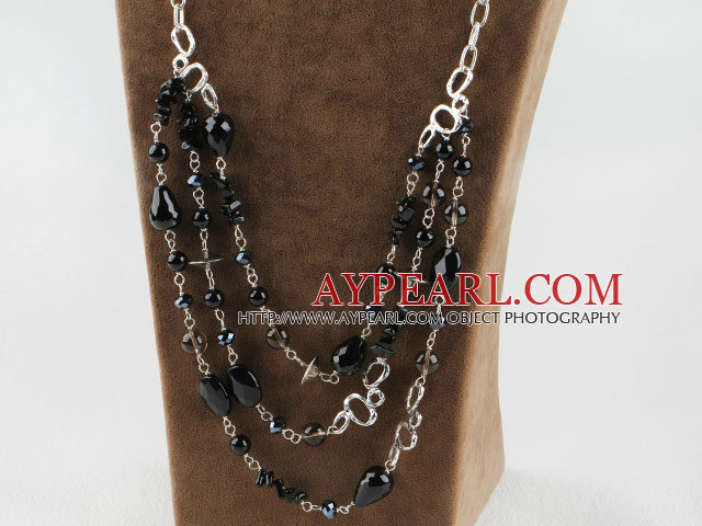 multi strand black agate crystal necklace with metal chain