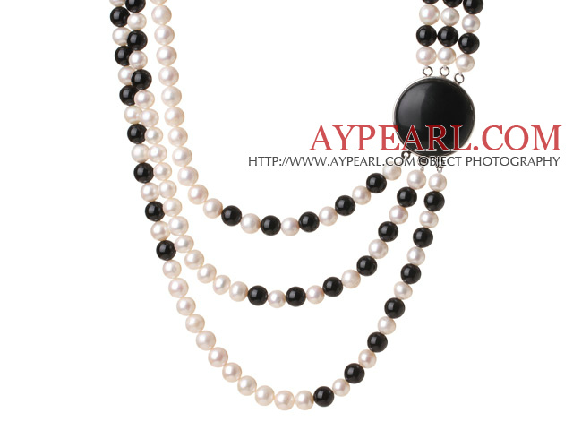 Trendy Elegant Style Three Layer Round Natural White Pearl and Black Agate Beaded Necklace