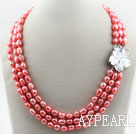 Three Strands Watermelon Red Baroque Pearl Necklace with Shell Flower Clasp