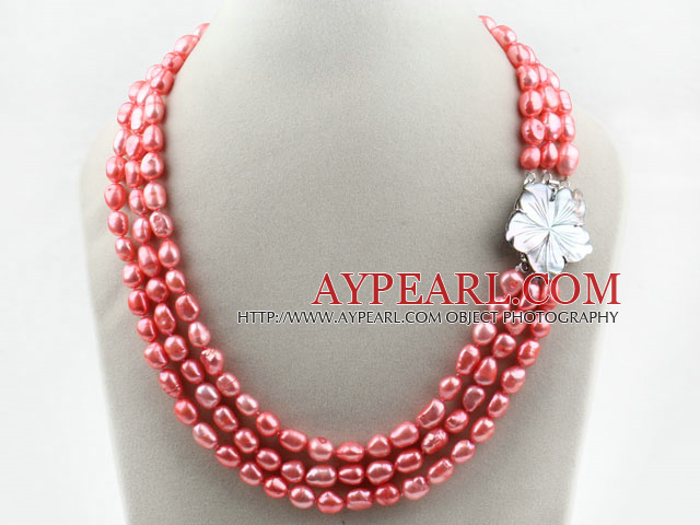 Three Strands Watermelon Red Baroque Pearl Necklace with Shell Flower Clasp