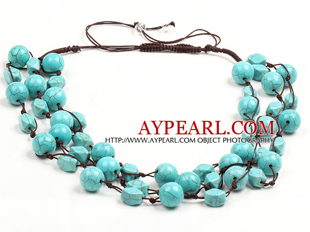 Chic Style Three Strands Blue Turquoise Drawstring Neckalce