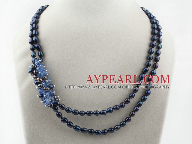 Two Strands Black Freshwater Pearl and Blue Crystal Necklace