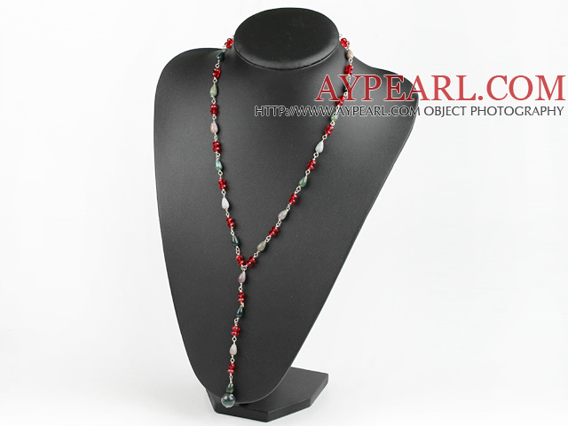 Nice Red Crystal And Colorful Indian Agate Y Shape Pendant Necklace