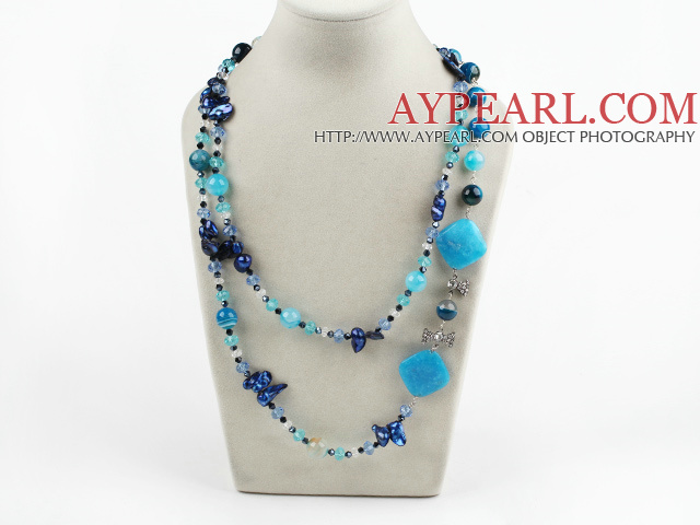 assorted blue crystal and agate long style necklace