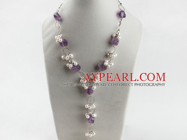 elegant white pearl and amethyst Y shape necklace