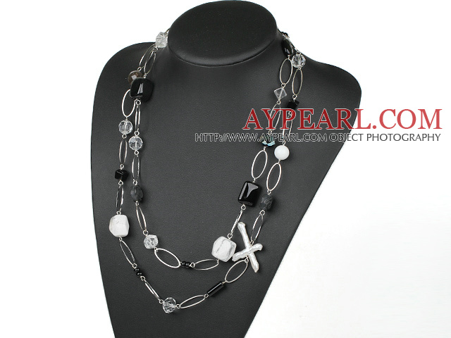 long style white crystal and black agate and howlite necklace with metal loop