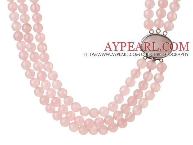 Trendy Elegant stil Tre Layer Round Rose Quartz Beaded halskjede