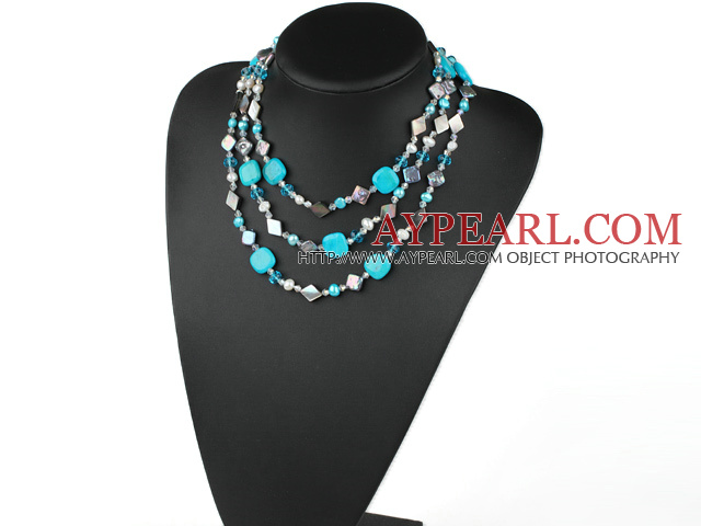 long style assorted pearl crystal and shell and gemstone necklace