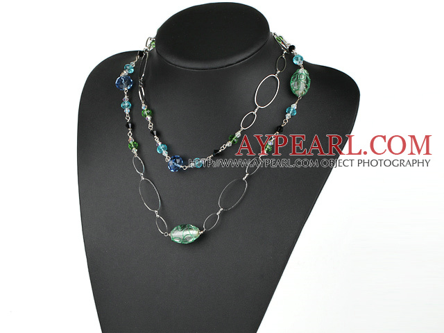 assorted long style crystal and colored glaze necklace with metal loop