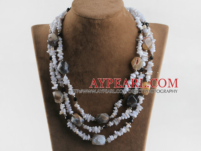 Beautiful Three Strands Purple Jade Chips And Chunky Agate Necklace