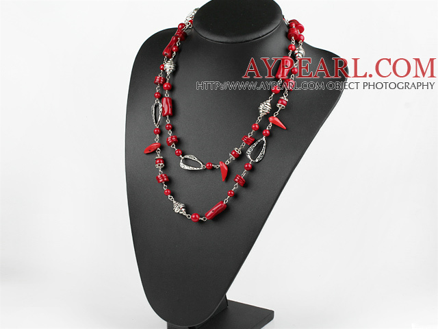 Nice Long Chain Loop Style Assorted Red Coral Strand Necklace, Sweater Necklace