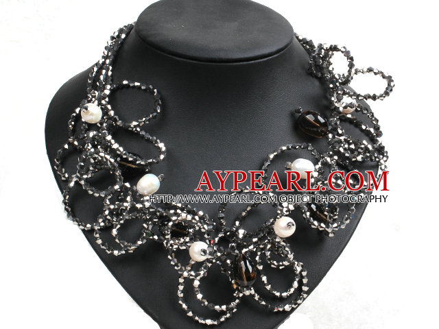 Speical Design Schöne natürliche weiße Perlen Rauchquarz Gray & Black Crystal Erklärung klumpiger Halsketten-