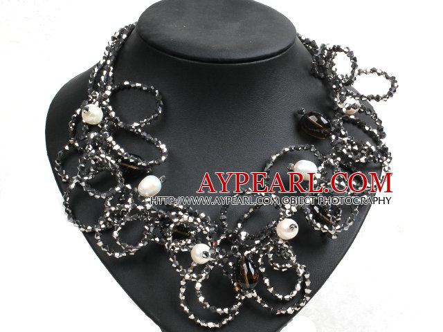 Speical Design Beautiful Natural White Pearl Smoky Quartz Gray & Black Crystal Statement Chunky Necklace