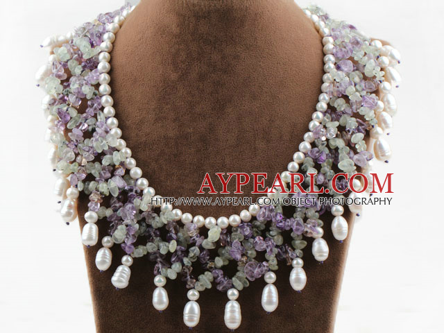 Big Style Elegant Style White Freshwater Pearl and Amesthyst and Prehnite Woven Necklace