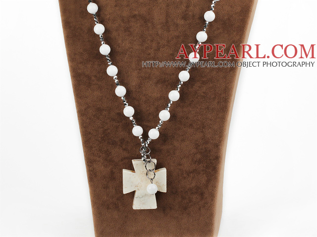 White Sea Shell and Gray Silver Color Crystal and Howlite Cross Pendant Necklace