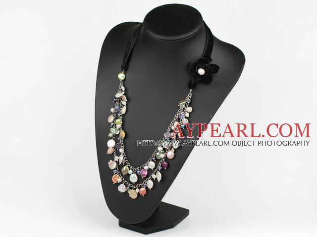 Assorted Multi Color Coin Pearl med Metal Chain og Black Cord (No Clasp)