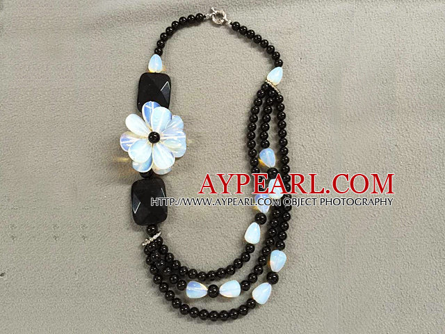 Graceful Multi Strand Black Agate Opal Stone Flower Party Necklace (Flower can be a Brooch)