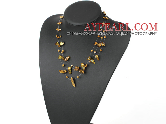 Three Strands Yellow Green Teeth Shape Pearl Necklace