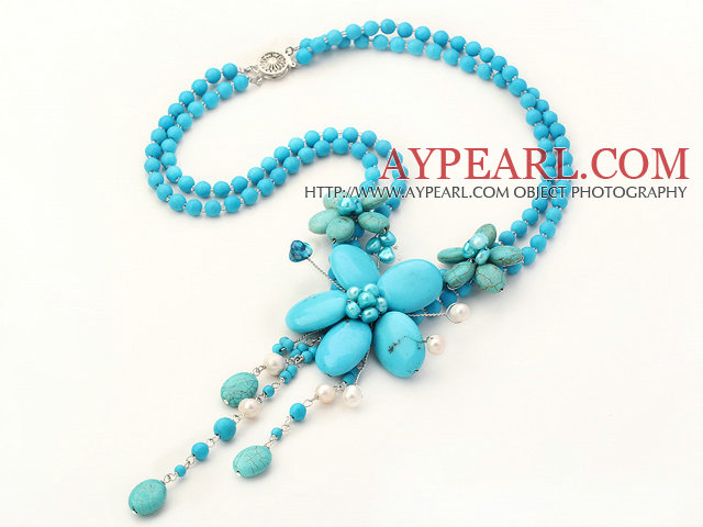 New Style Blue Series White Pearl and Blue Turquoise Flower Necklace