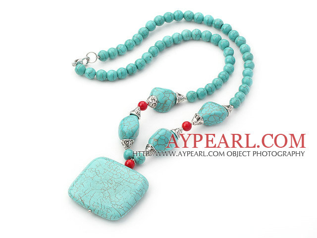 Assorted Turquoise and Red Coral Necklace with Square Turquoise Pendant