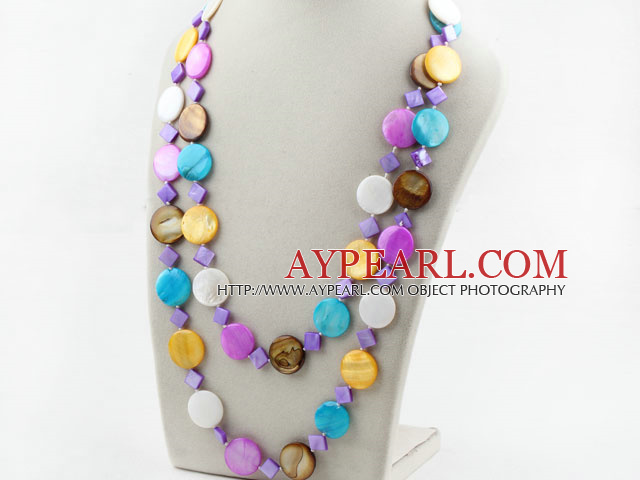 Assorted Flat Round Multi Color Shell Long Style Necklace