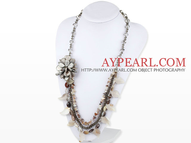 Large Style Gray Crystal and Gray Agate Flower Party Necklace