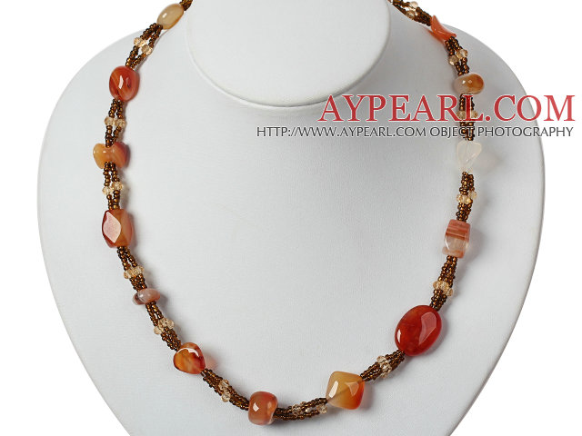 Single Strand Natural Color Agate and Crystal Necklace