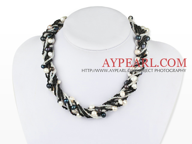 Longs brins multi-style noir et blanc perle d'eau douce collier