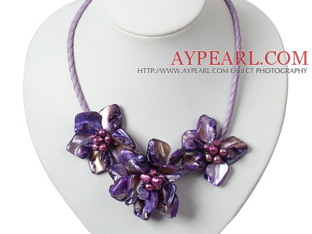Three Pieces of Purple Pearl Shell Flower Necklace