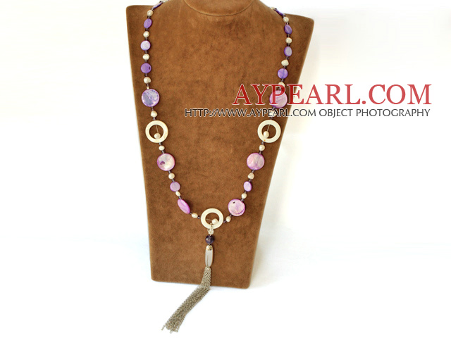 27.5 inches white pearl and dyed purple shell long style necklace