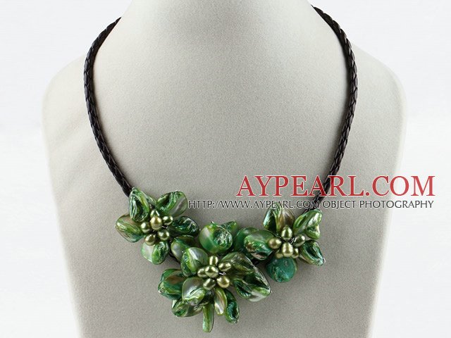 Three Pieces of Green Pearl Shell Flower Necklace