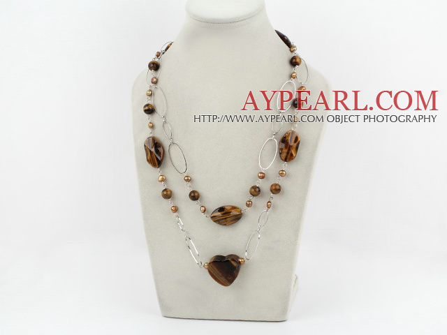 perle collier marron et oeil de tigre avec chaîne en métal