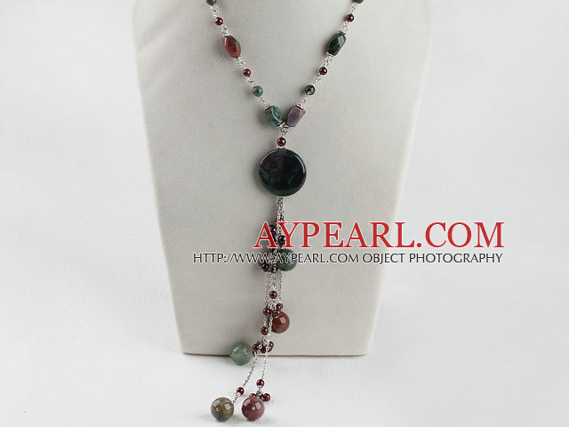 Lovely Round Garnet And Multi Colorful Indian Agate Pendant Necklace