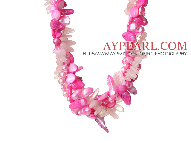 Popular Nice Twisted Peach Pearl Shell Rose Quartz and Manmade Crystal Necklace with Moonight Clasp